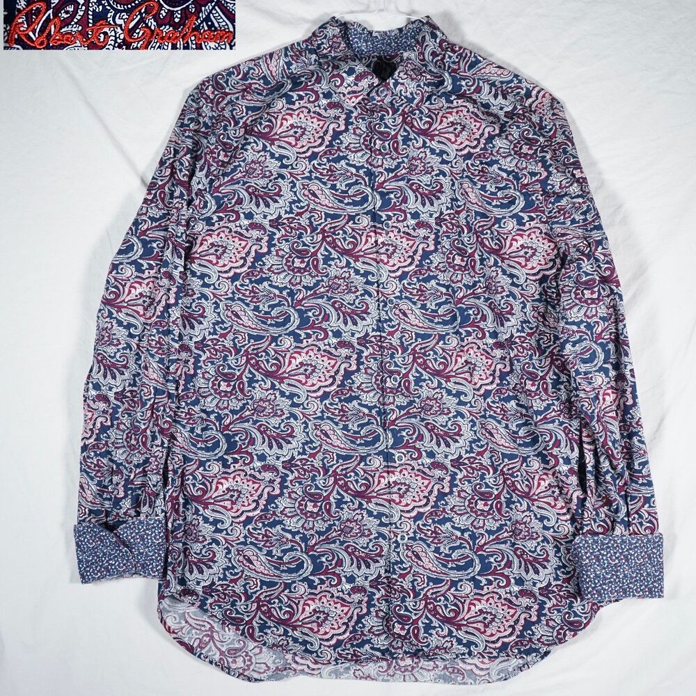 Robert Graham Long Sleeve Button Up Dress Shirt Purple Paisley Flip Cuff Large